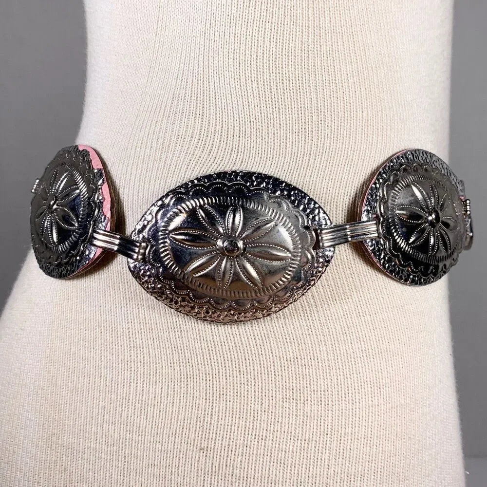 Vintage 80s Silver Pink Distressed Concho Western Boho Belt 32